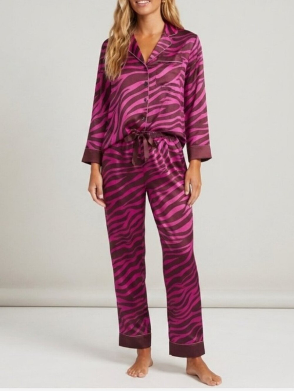 Ann Taylor Satin Zebra-Print Pajama Set in Magenta Size Large